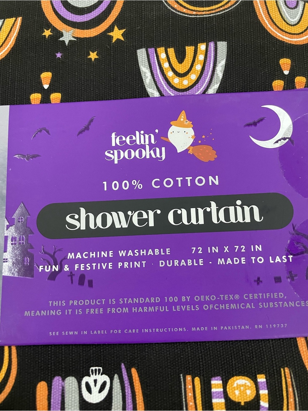 Feelin' Spooky Halloween Rainbow Cotton Shower Curtain - Black, Orange, Purple - Picture 2 of 4